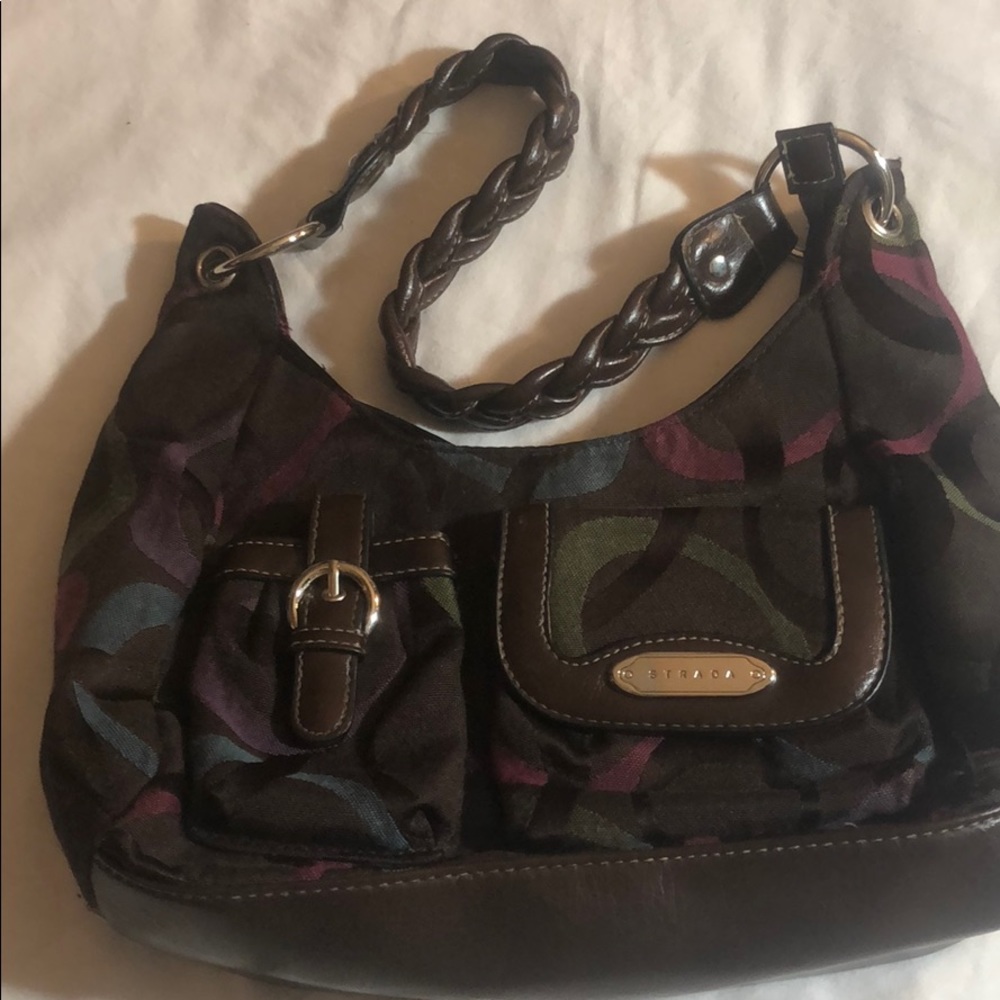 Strada Brown Canvas Mini Shoulder Bag with Green, Purple & Blue Accents